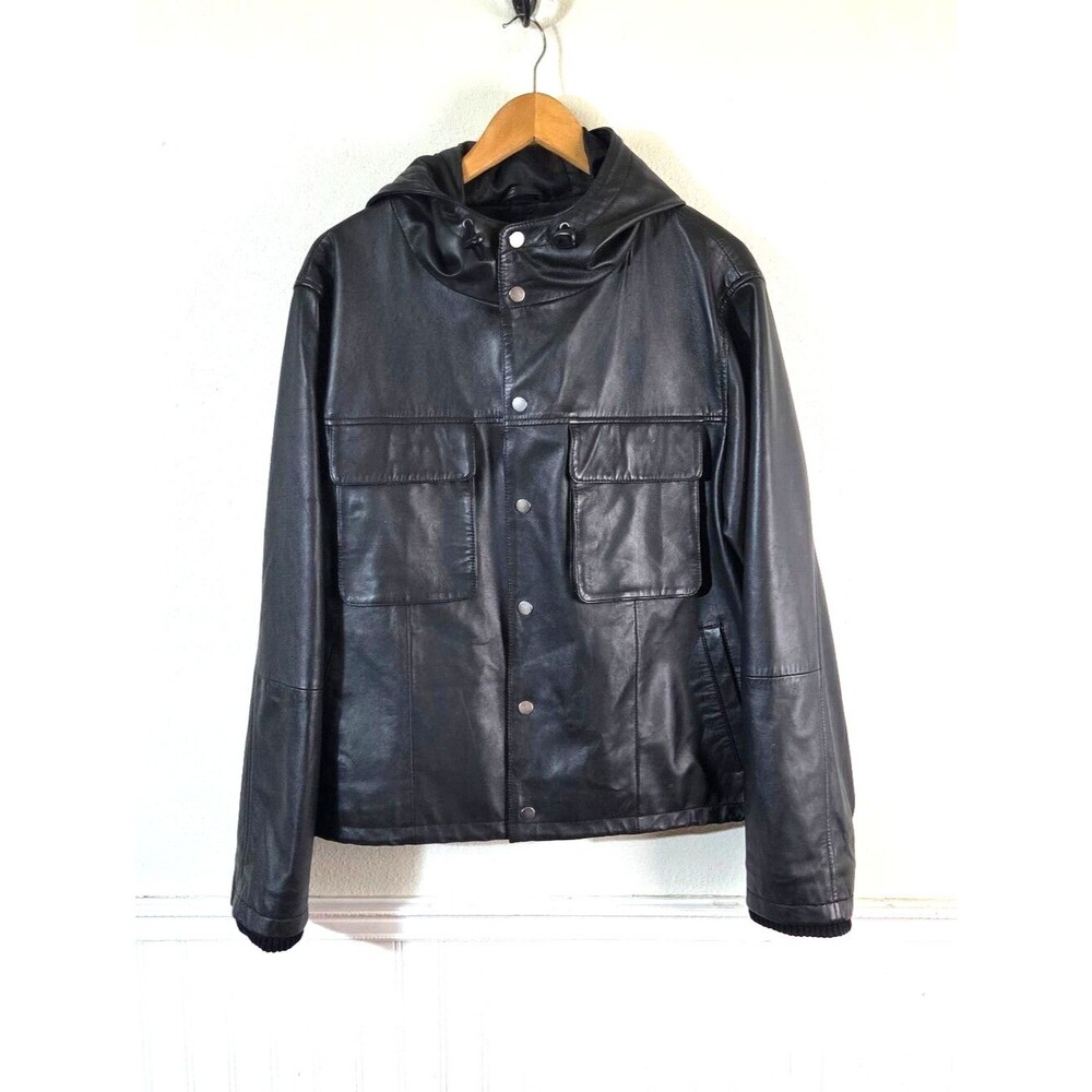 Deadwood Lambskin Leather Hooded Jacket Mens M Black Swedish Streetwear Coat